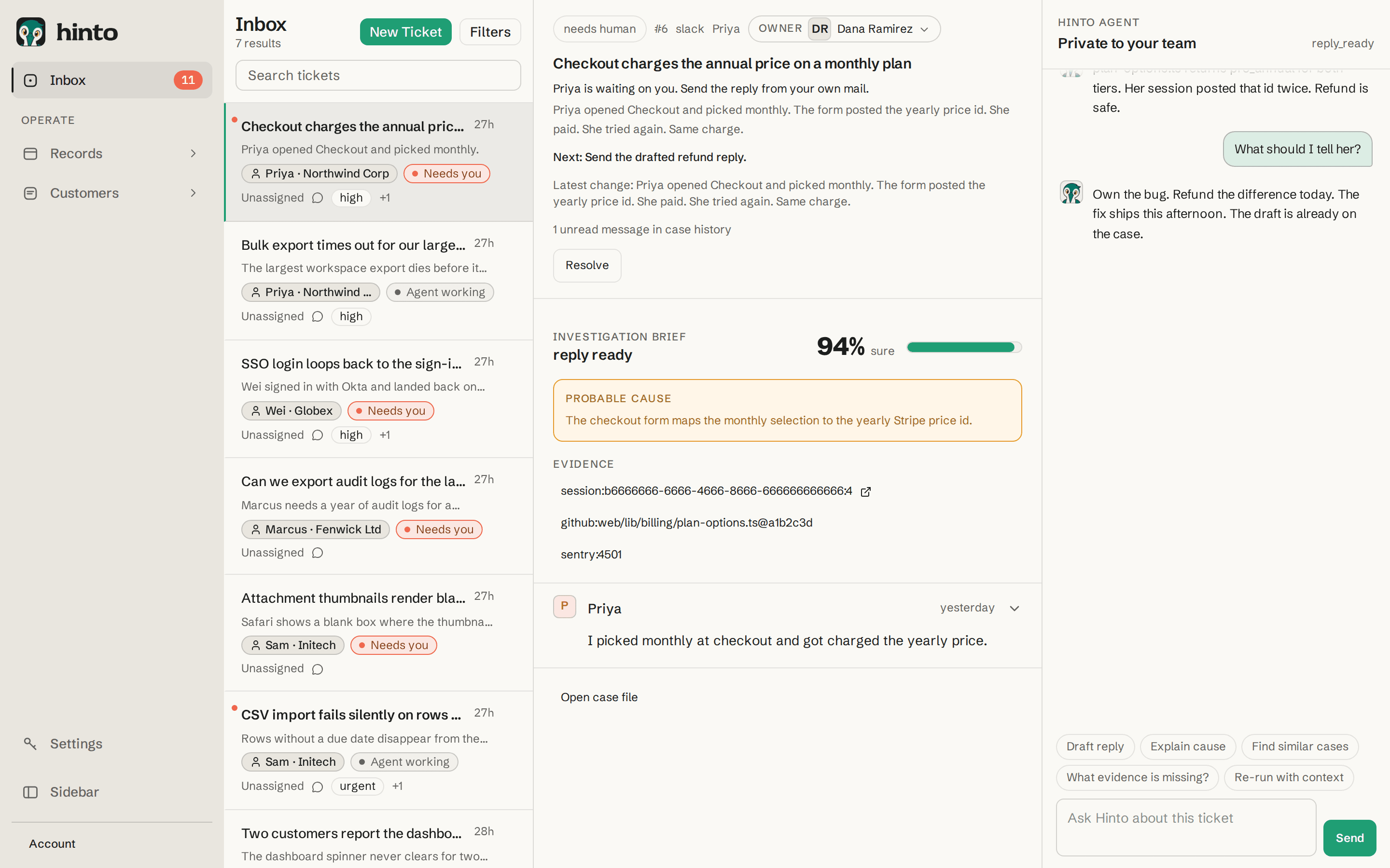 Hinto Inbox with a checkout ticket open: the queue, the investigation brief, and a private agent thread.